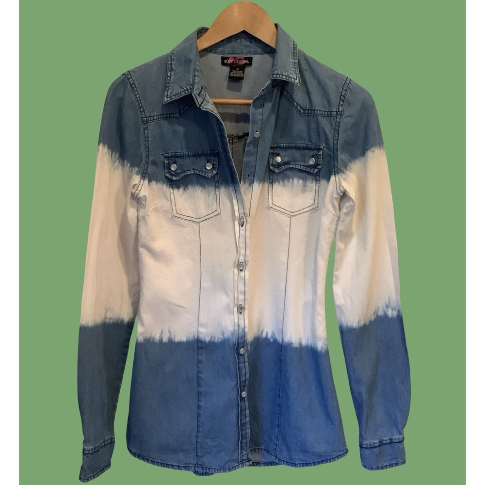 Womens Body Central Denim Button Up Shirt Blue & White Ombré Cotton Top Sz S